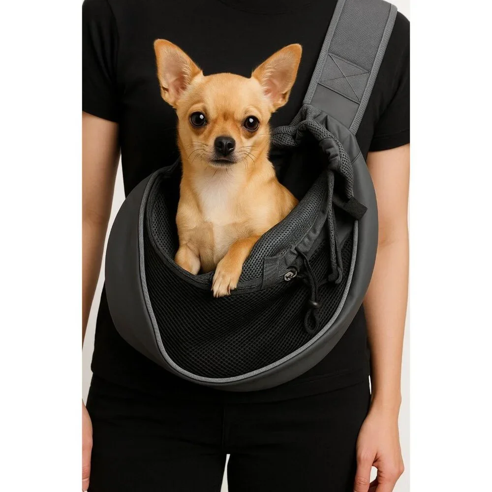 Gray Mesh Pet Sling Carrier Bag for Small Dogs or Cats – Hands-Free Crossbody De